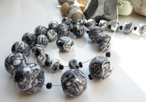 Faux Mokume-Gane black, white and silver beads