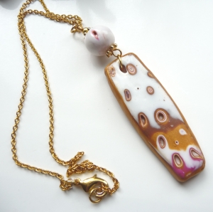 Polymer Clay faux Mokume Gane beads, Gold, white and pink necklace Georgia P Designs